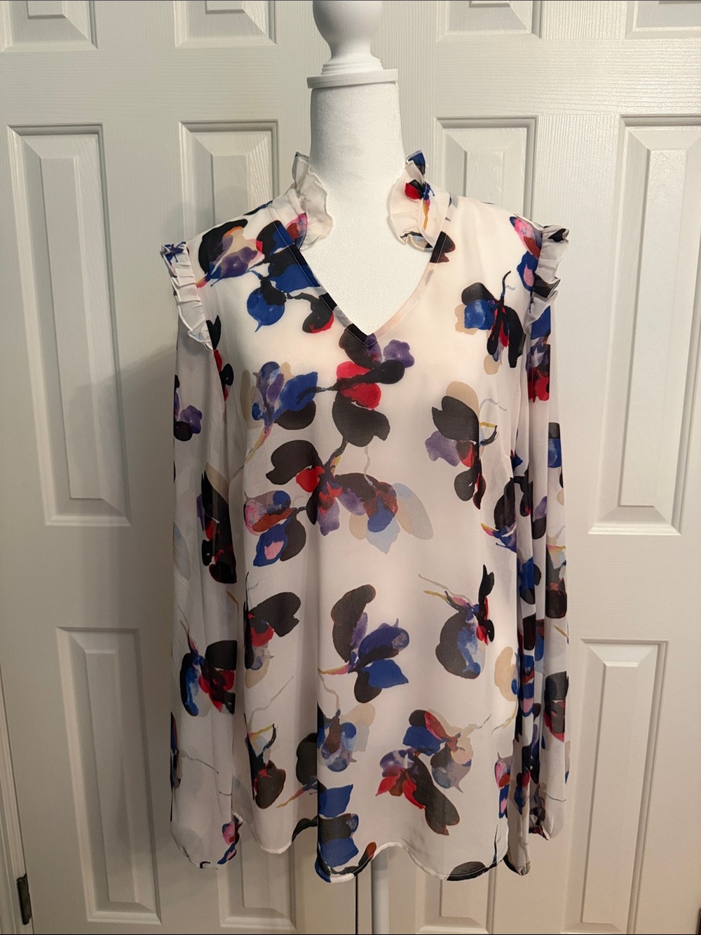 CAbi Cream Floral V-Neck Blouse with Blue, Purple & Red Accents